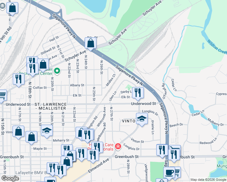 map of restaurants, bars, coffee shops, grocery stores, and more near 2106 Ulen Lane in Lafayette