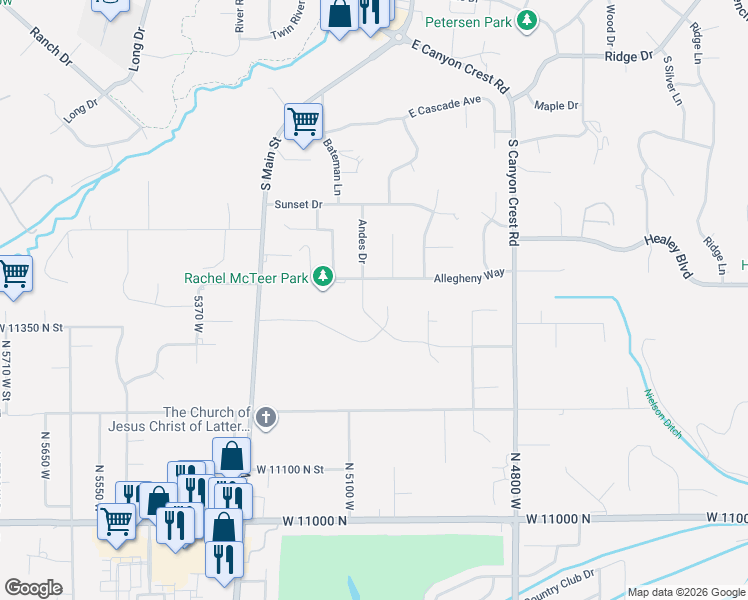 map of restaurants, bars, coffee shops, grocery stores, and more near 11385 North 5190 West in Highland