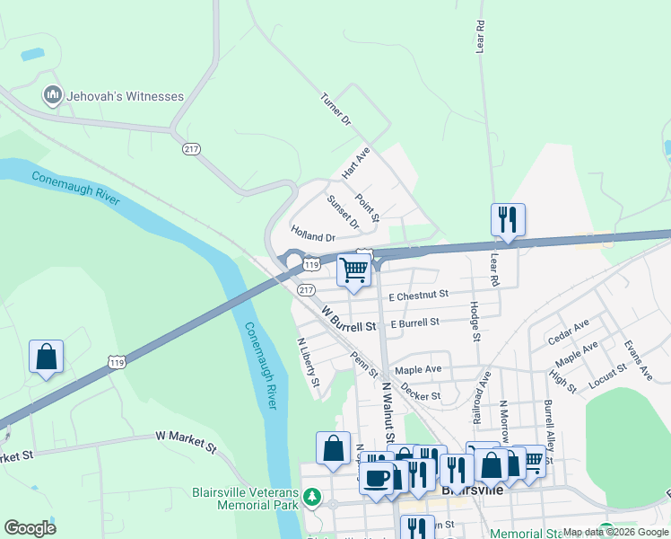 map of restaurants, bars, coffee shops, grocery stores, and more near in Blairsville