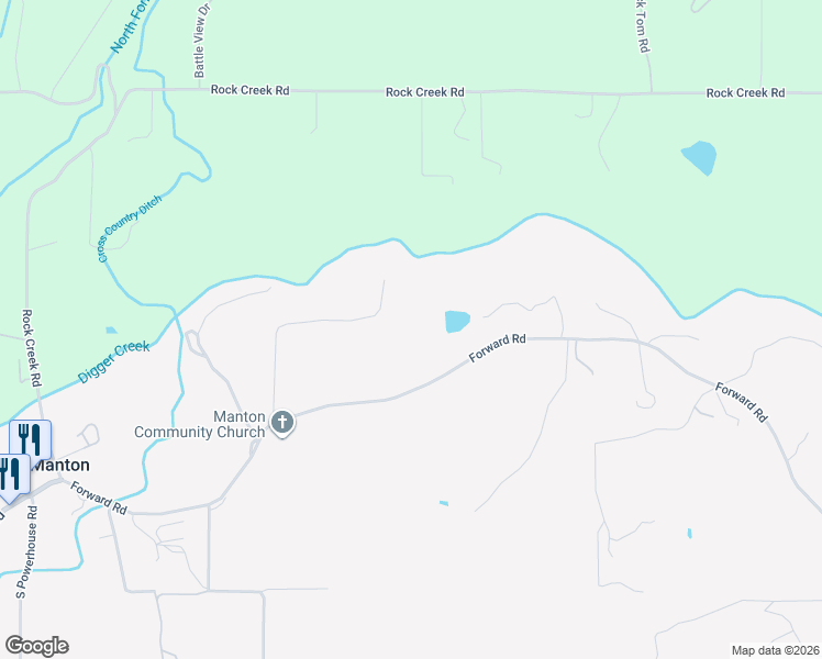 map of restaurants, bars, coffee shops, grocery stores, and more near 31630 Forward Road in Manton