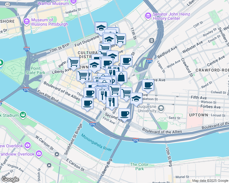 map of restaurants, bars, coffee shops, grocery stores, and more near 436 Grant Street in Pittsburgh