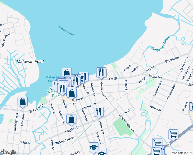 map of restaurants, bars, coffee shops, grocery stores, and more near 120 1st Street in Keyport
