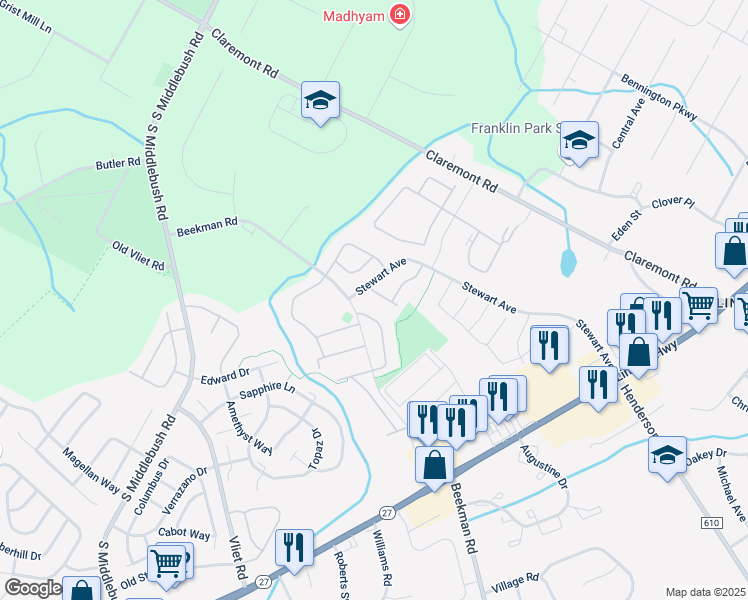 map of restaurants, bars, coffee shops, grocery stores, and more near 39 Townsend Court in Franklin Township