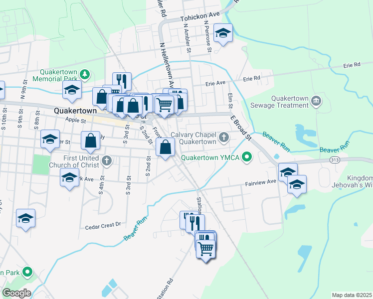 map of restaurants, bars, coffee shops, grocery stores, and more near 147 South Hellertown Avenue in Quakertown
