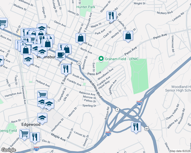 map of restaurants, bars, coffee shops, grocery stores, and more near 1302 Woodlawn Street in Pittsburgh