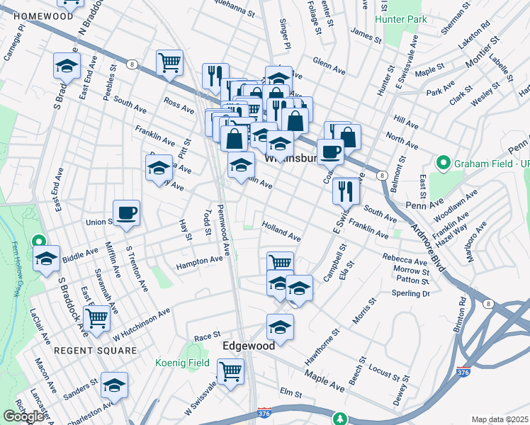 map of restaurants, bars, coffee shops, grocery stores, and more near 413 Center Street in Pittsburgh