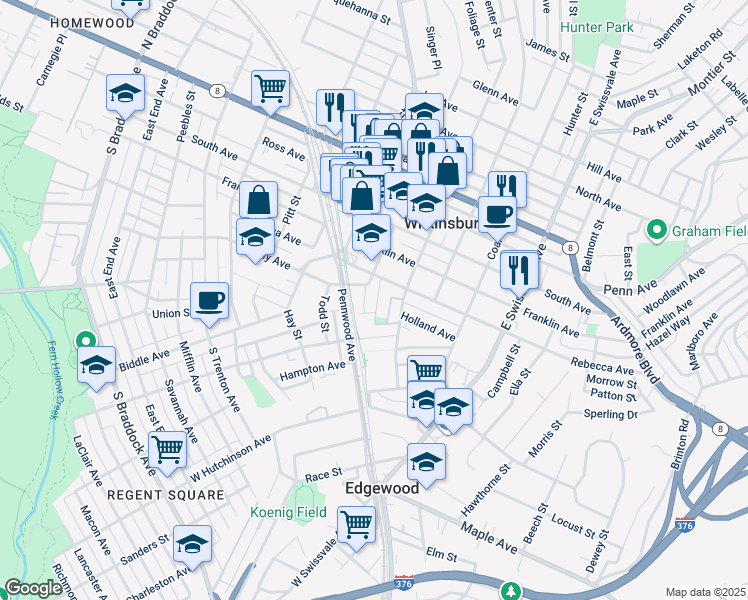 map of restaurants, bars, coffee shops, grocery stores, and more near 710 Lamar Avenue in Pittsburgh