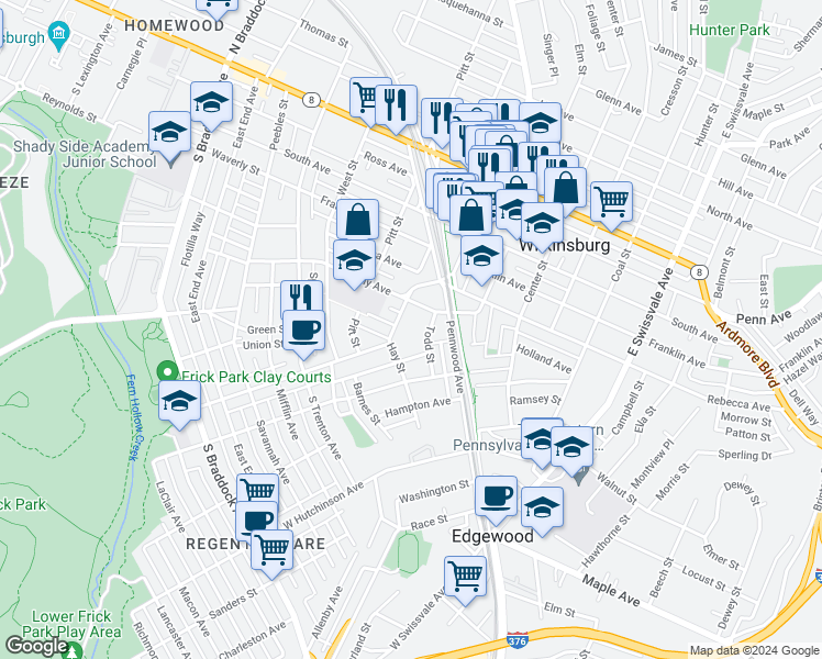map of restaurants, bars, coffee shops, grocery stores, and more near 231 Hay Street in Pittsburgh