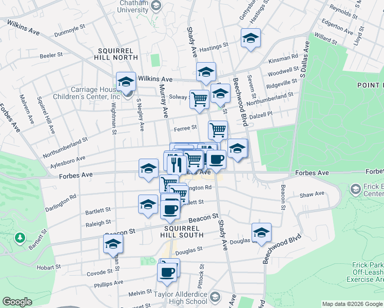 map of restaurants, bars, coffee shops, grocery stores, and more near 5839 Forbes Avenue in Pittsburgh