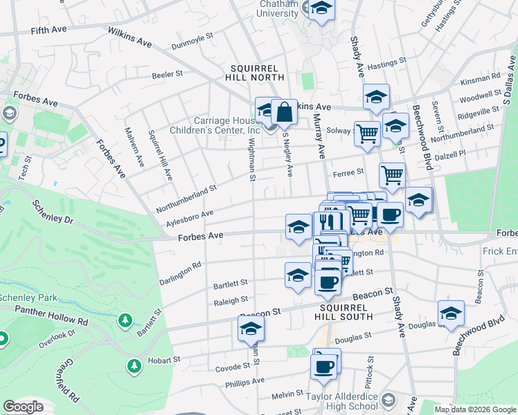 map of restaurants, bars, coffee shops, grocery stores, and more near 5606 Marlborough Road in Pittsburgh