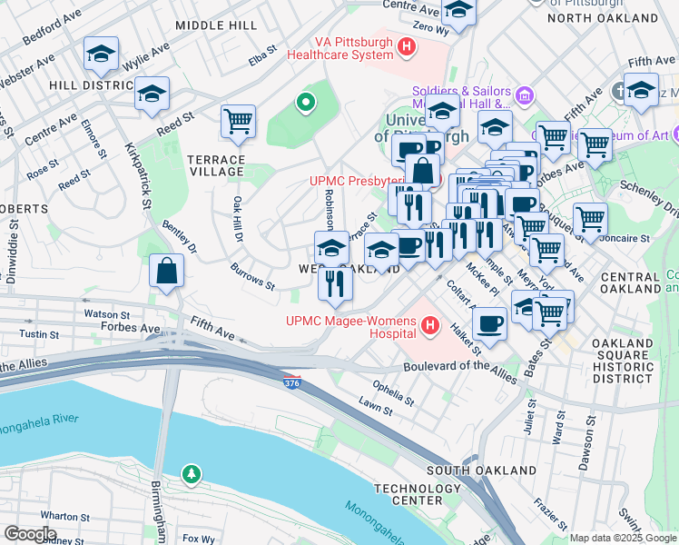 map of restaurants, bars, coffee shops, grocery stores, and more near 120 Robinson Street in Pittsburgh