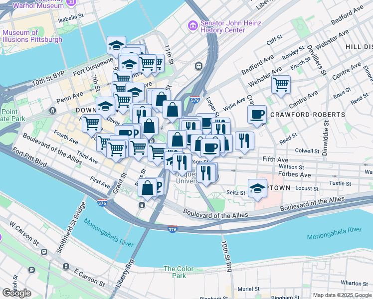 map of restaurants, bars, coffee shops, grocery stores, and more near 820 Fifth Avenue in Pittsburgh
