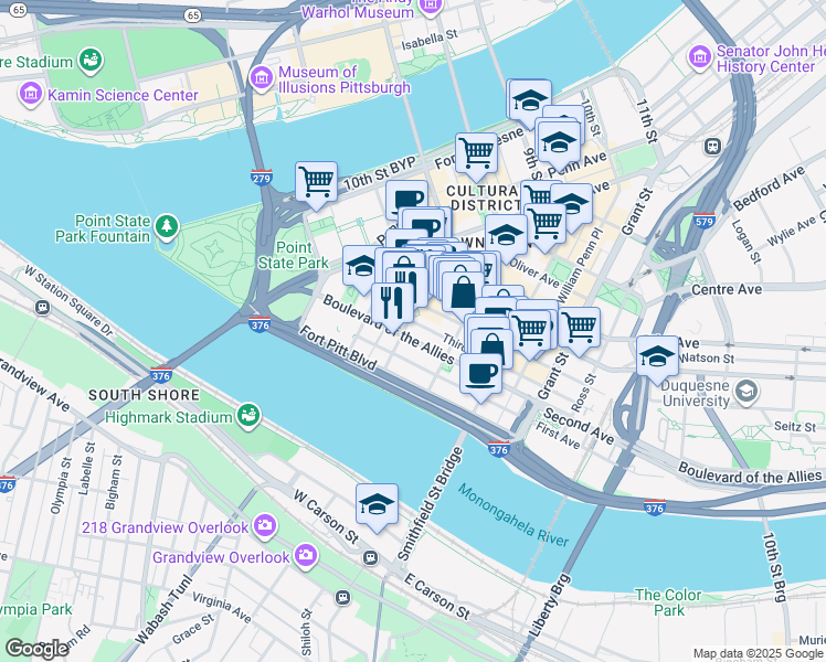 map of restaurants, bars, coffee shops, grocery stores, and more near 5 Ppg Pl in Pittsburgh