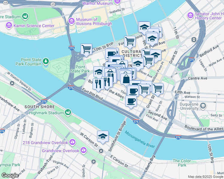 map of restaurants, bars, coffee shops, grocery stores, and more near in Pittsburgh