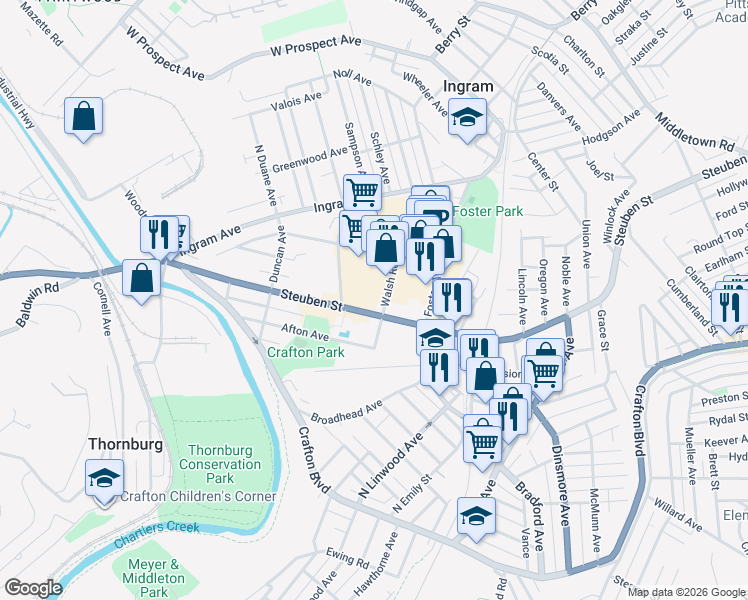 map of restaurants, bars, coffee shops, grocery stores, and more near 101 West Steuben Street in Pittsburgh