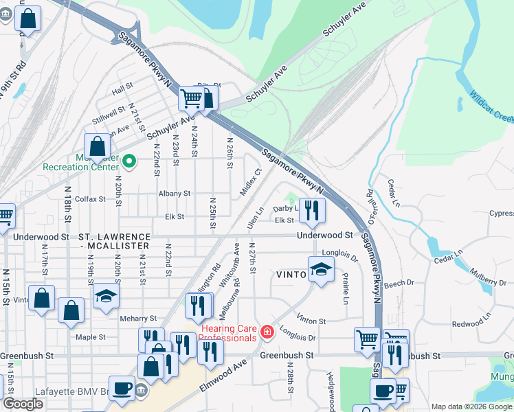 map of restaurants, bars, coffee shops, grocery stores, and more near 2106 Ulen Lane in Lafayette