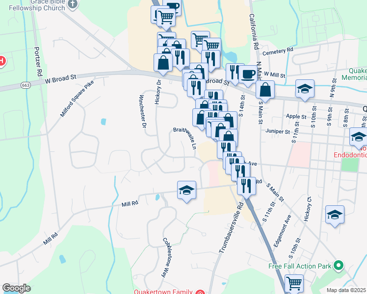 map of restaurants, bars, coffee shops, grocery stores, and more near 17 Tierney Ct in Quakertown