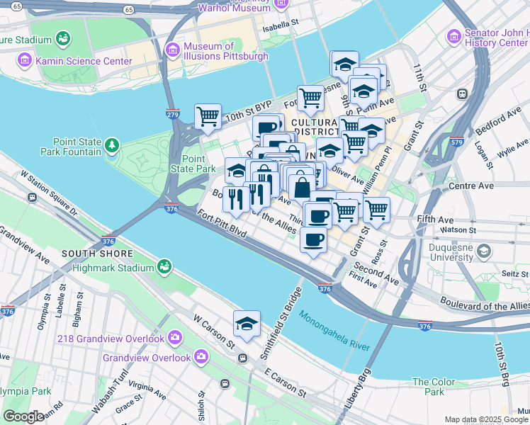 map of restaurants, bars, coffee shops, grocery stores, and more near in Pittsburgh