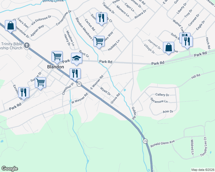 map of restaurants, bars, coffee shops, grocery stores, and more near 421 White Birch Lane in Blandon