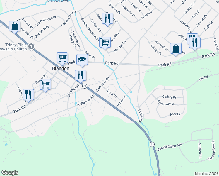 map of restaurants, bars, coffee shops, grocery stores, and more near 421 White Birch Lane in Blandon