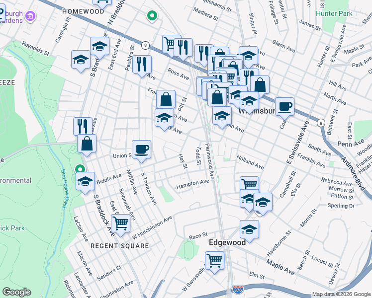 map of restaurants, bars, coffee shops, grocery stores, and more near 231 Hay Street in Pittsburgh