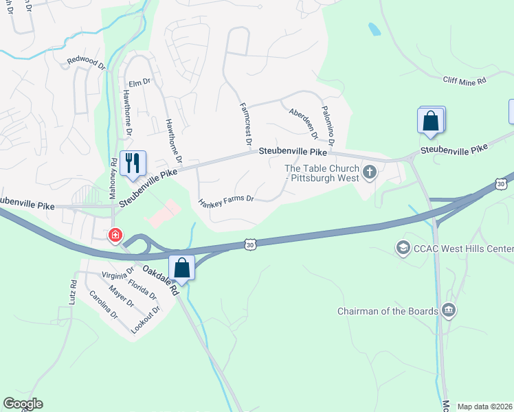 map of restaurants, bars, coffee shops, grocery stores, and more near 217 Chestershire Drive in Oakdale