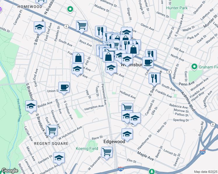 map of restaurants, bars, coffee shops, grocery stores, and more near Lytle Way in Pittsburgh