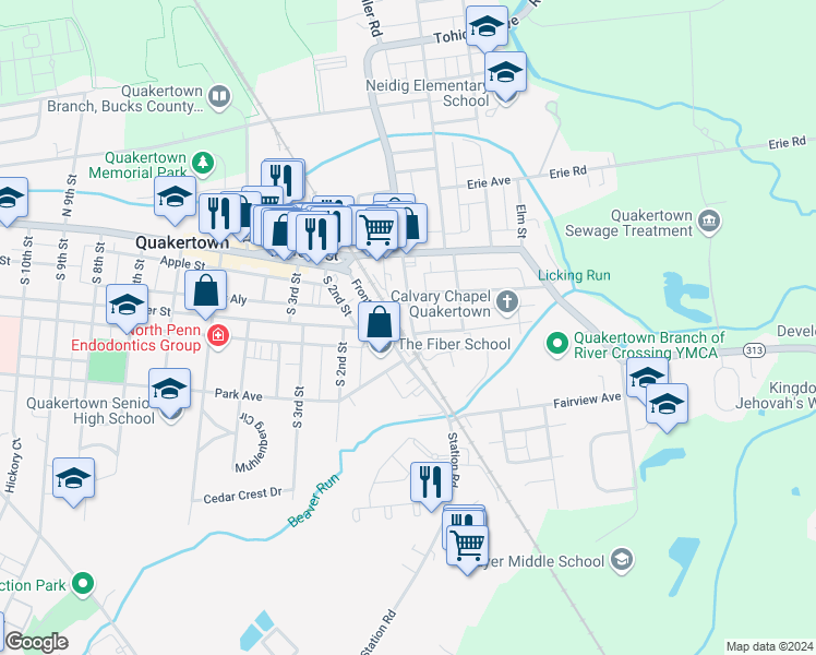 map of restaurants, bars, coffee shops, grocery stores, and more near 122 South Hellertown Avenue in Quakertown