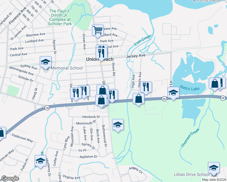 map of restaurants, bars, coffee shops, grocery stores, and more near 1502 Shore Road in Union Beach