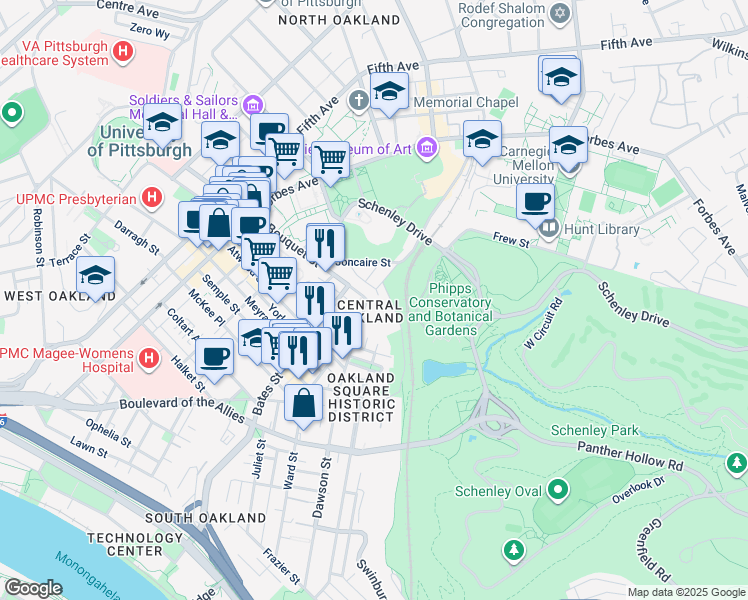 map of restaurants, bars, coffee shops, grocery stores, and more near in Pittsburgh