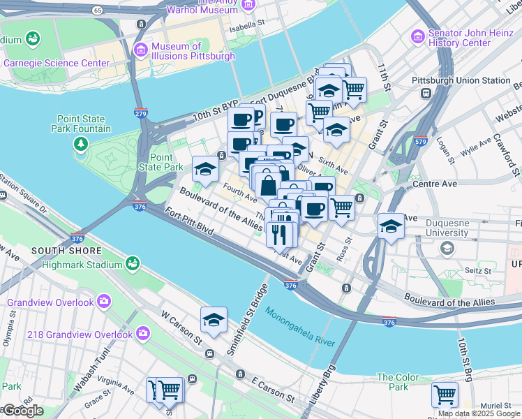map of restaurants, bars, coffee shops, grocery stores, and more near 305 Wood Street in Allegheny