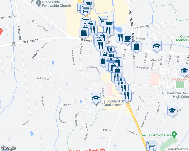 map of restaurants, bars, coffee shops, grocery stores, and more near 20 Tierney Court in Quakertown