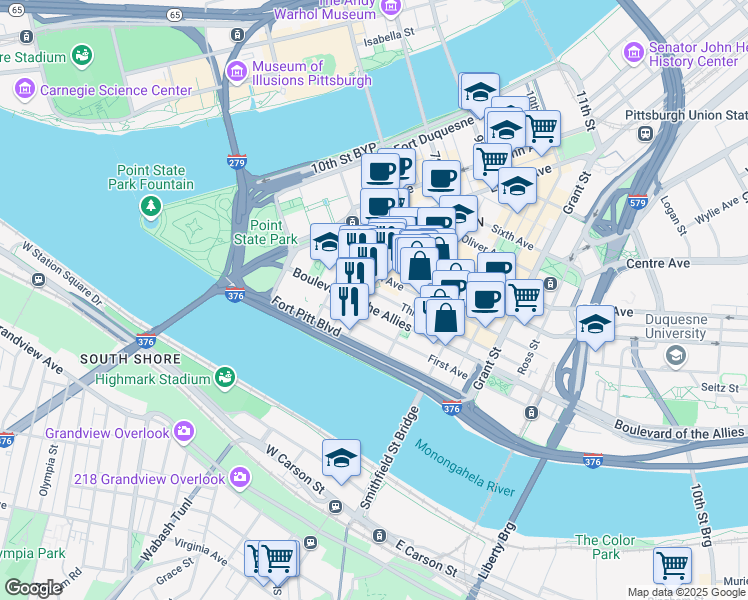 map of restaurants, bars, coffee shops, grocery stores, and more near 244 Boulevard of the Allies in Pittsburgh