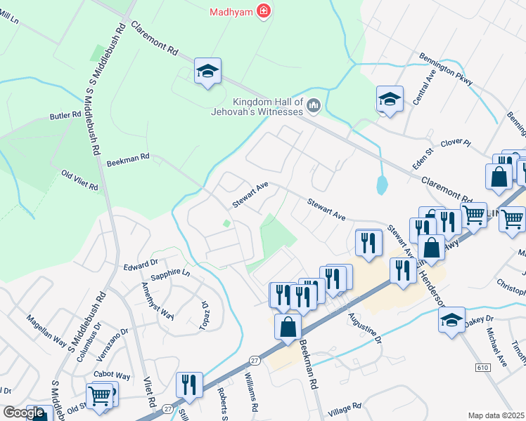 map of restaurants, bars, coffee shops, grocery stores, and more near 27 Delar Parkway in Franklin Township