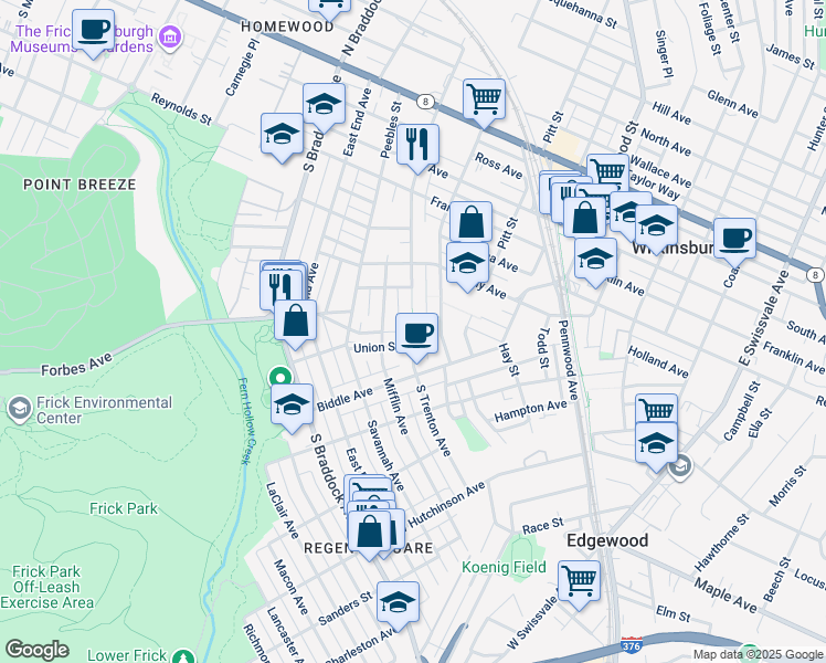 map of restaurants, bars, coffee shops, grocery stores, and more near 601 South Trenton Avenue in Pittsburgh