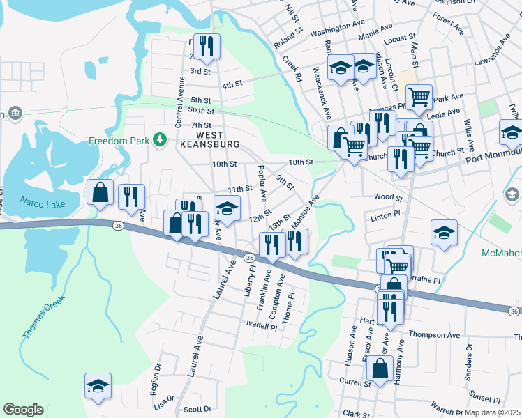 map of restaurants, bars, coffee shops, grocery stores, and more near 53 13th Street in Keansburg
