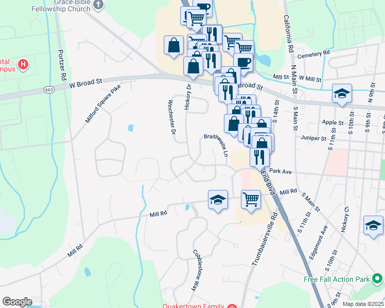 map of restaurants, bars, coffee shops, grocery stores, and more near 125 Hickory Drive in Quakertown