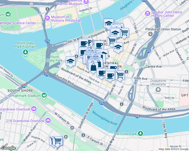 map of restaurants, bars, coffee shops, grocery stores, and more near 306 4th Avenue in Pittsburgh