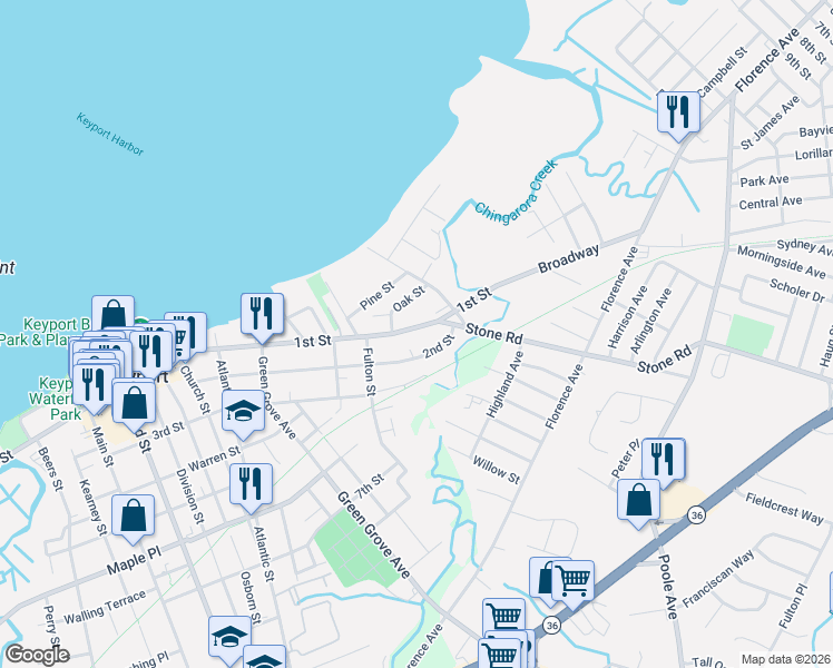 map of restaurants, bars, coffee shops, grocery stores, and more near 25 Oak Street in Keyport