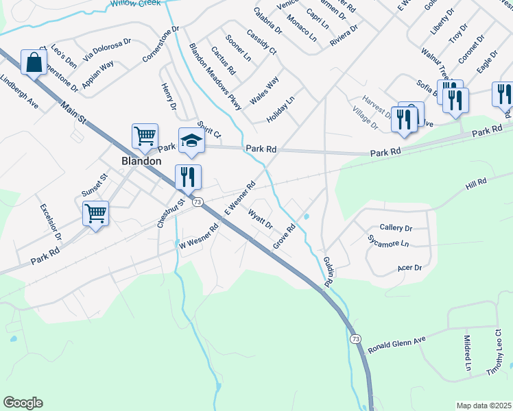 map of restaurants, bars, coffee shops, grocery stores, and more near 113 White Birch Lane in Blandon