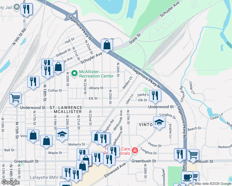 map of restaurants, bars, coffee shops, grocery stores, and more near 2300 N 26th St in Lafayette
