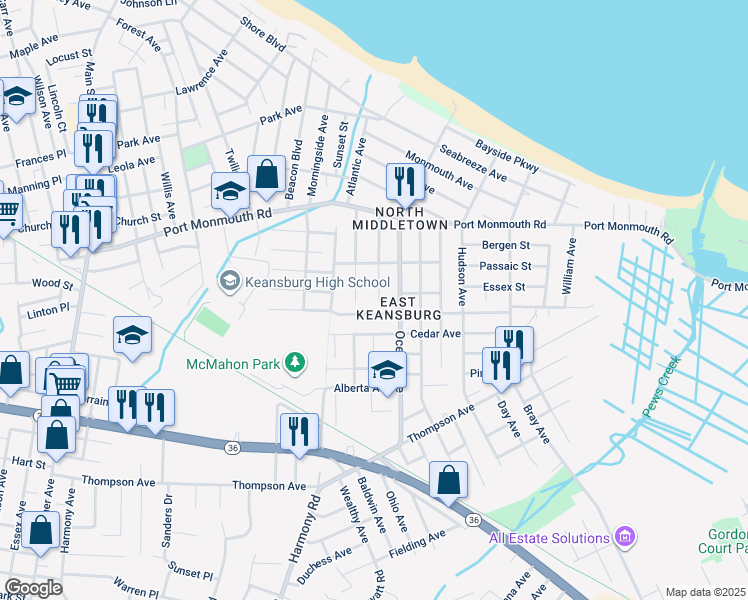 map of restaurants, bars, coffee shops, grocery stores, and more near 79 Bay Avenue in Middletown