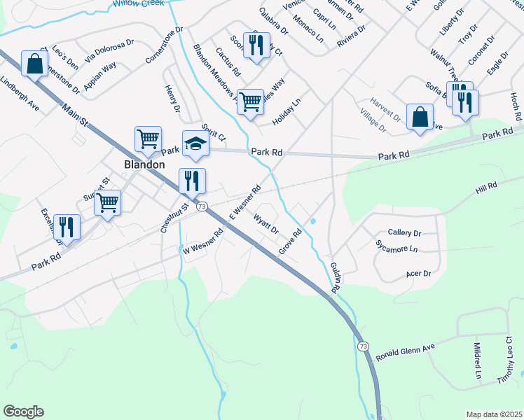 map of restaurants, bars, coffee shops, grocery stores, and more near 113 White Birch Lane in Blandon