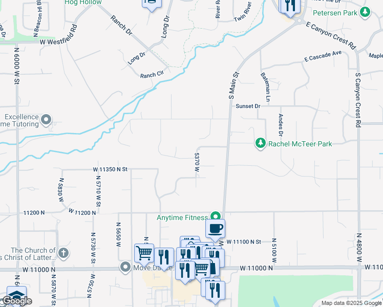 map of restaurants, bars, coffee shops, grocery stores, and more near 5377 West Evergreen Circle in Highland