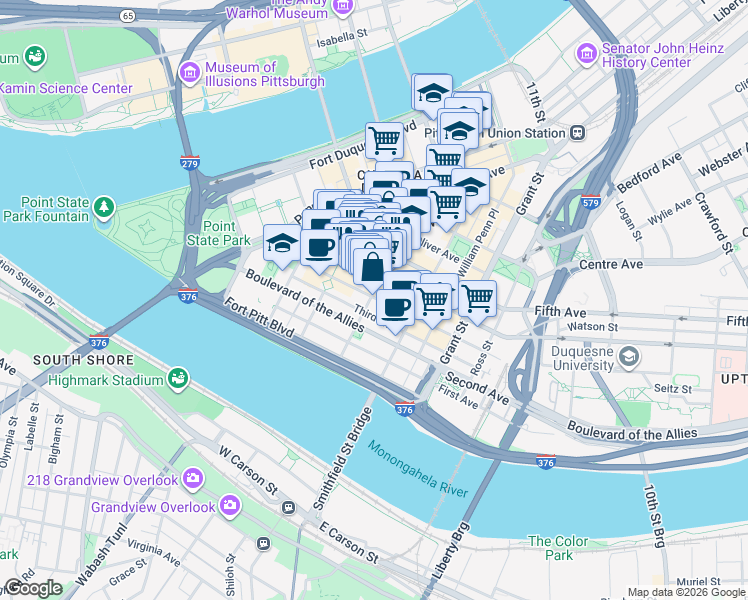 map of restaurants, bars, coffee shops, grocery stores, and more near 300 4th Avenue in Pittsburgh