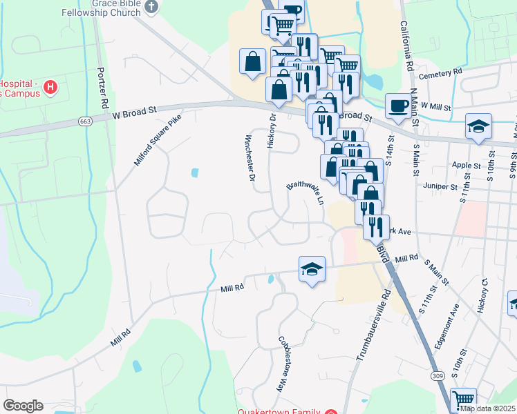 map of restaurants, bars, coffee shops, grocery stores, and more near 16 Pennington Lane in Quakertown