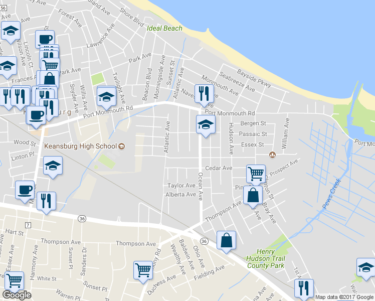 map of restaurants, bars, coffee shops, grocery stores, and more near 79 Bay Avenue in Middletown