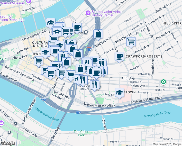 map of restaurants, bars, coffee shops, grocery stores, and more near 112 Centre Avenue in Pittsburgh
