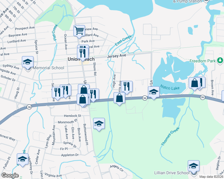 map of restaurants, bars, coffee shops, grocery stores, and more near 1201 High Avenue in Union Beach