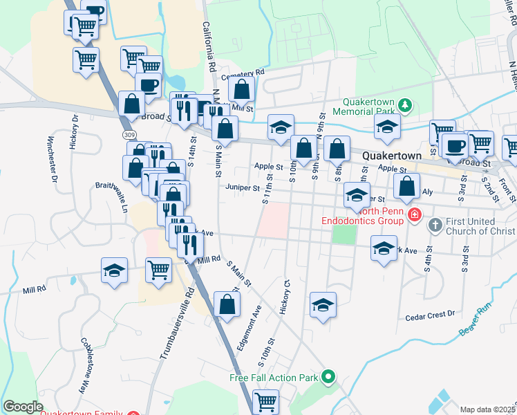 map of restaurants, bars, coffee shops, grocery stores, and more near 124 South 11th Street in Quakertown